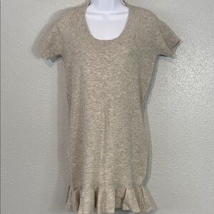 BCBGMAXAZRIA Beige/Gray Short Sleeve Sweater Dress Ruffle Hem Knit Wool/Cashmere